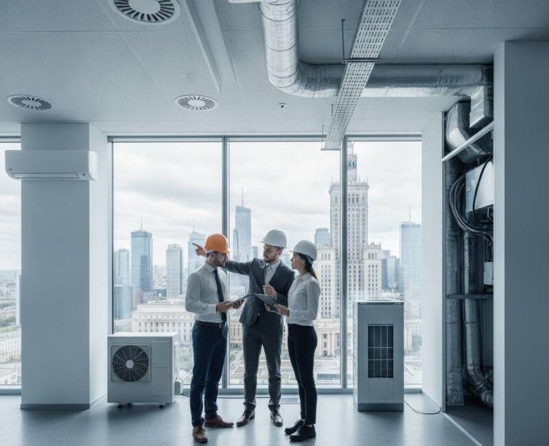 Nowoczesne biuro w Warszawie z zamontowanym na suficie wydajnym systemem klimatyzacji biurowej HVAC dla firm.