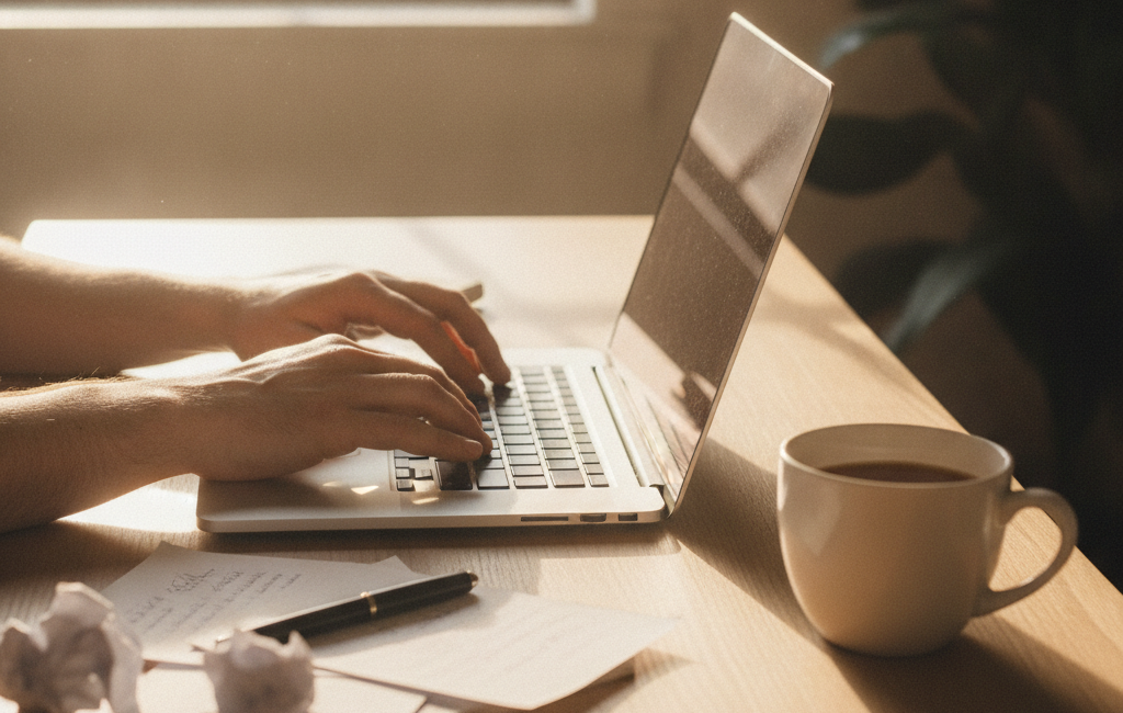 Osoba pracująca nad treściami na stronę usługową na laptopie przy biurku z notatkami.
