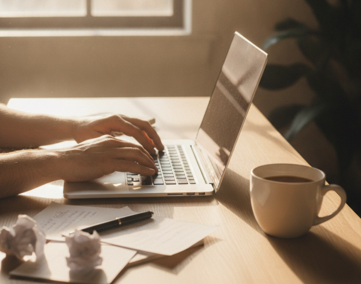 Osoba pracująca nad treściami na stronę usługową na laptopie przy biurku z notatkami.